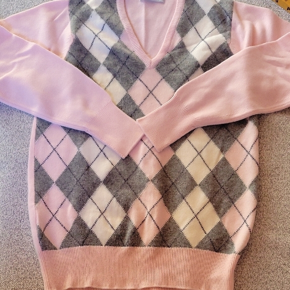 BERK Vintage 100% Cashmere Pink and Gray Argyle V-Neck Sweater Size L - Picture 11 of 11